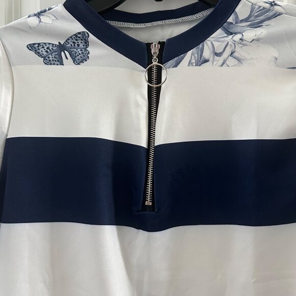 Blue & White Striped Floral Sweatshirt With Half-Zip & Ring Pull - Picture 6 of 7